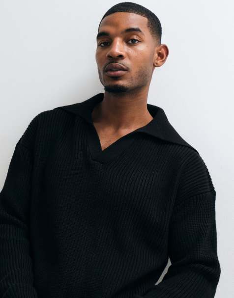 ASOS DESIGN pull polo en maille oversize à col très ouvert noir - view 1