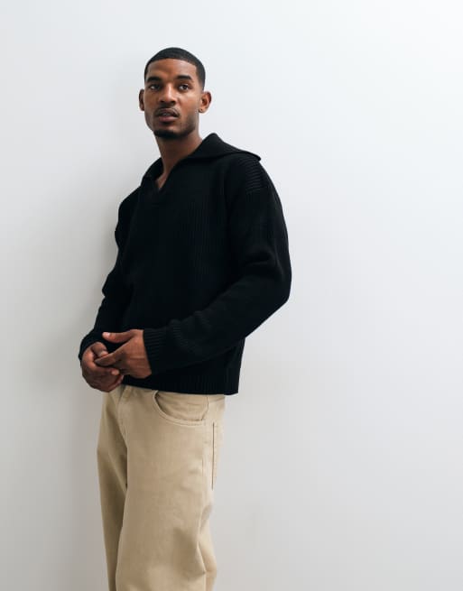 ASOS DESIGN pull polo en maille oversize à col très ouvert noir, 2 de 5