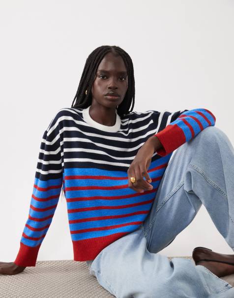 ASOS DESIGN pull ras de cou à rayures bleu marine et crème - view 1