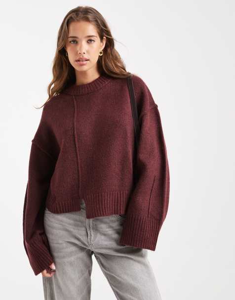 ASOS DESIGN - Pull ras de cou avec surpiqûre à l'avant et ourlet asymétrique plongeant - Prune - view 1