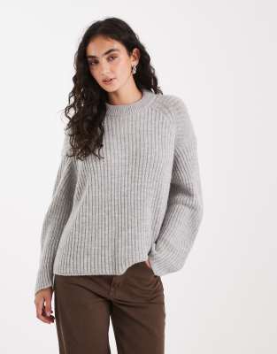 Pull ras de cou côtelé à manches banane - Gris pâle S