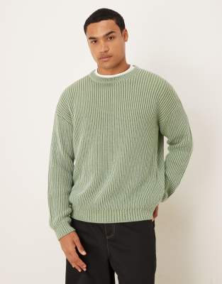 ASOS DESIGN - Pull ras de cou décontracté en maille à manches longues et rayures - Kaki-Vert
