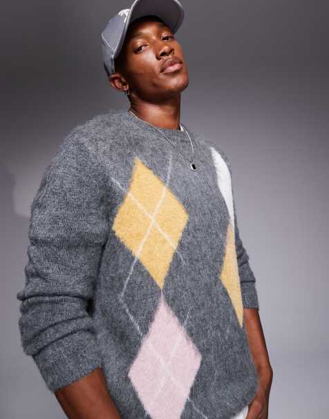 ASOS DESIGN - Pull ras de cou en maille à motif losanges - Gris - view 1