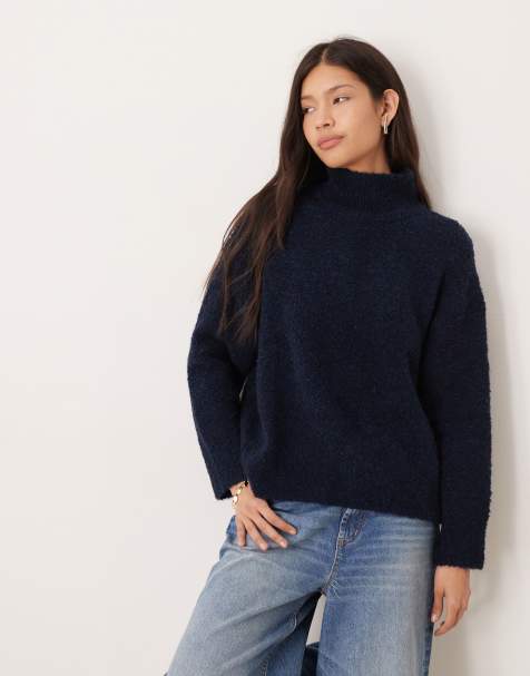 ASOS DESIGN - Pull ras de cou en maille bouclée à col cheminée - Bleu marine - view 1