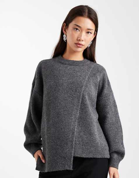 ASOS DESIGN - Pull ras de cou en maille effet raccordé - Anthracite - view 1