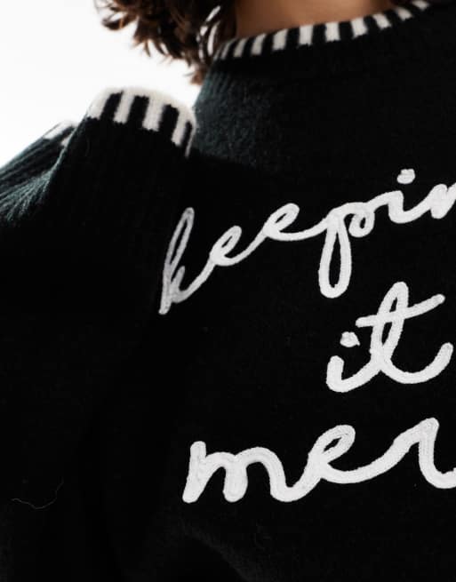 ASOS DESIGN - Pull ras de cou en point de feston avec inscription style Noël - Noir et blanc, 3 de 4