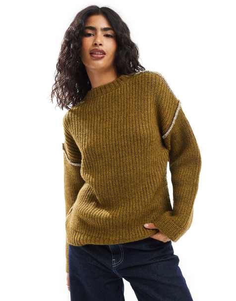 ASOS DESIGN - Pull ras de cou en point de feston - Vert foncé - view 1