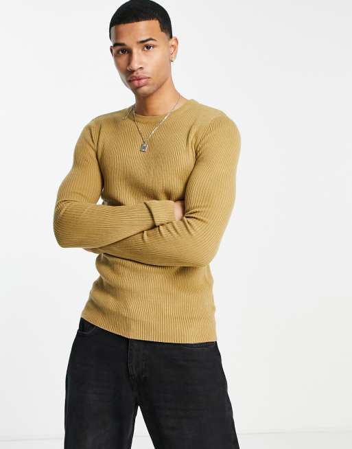 ASOS DESIGN - Pull ras de cou moulant en maille côtelée - Marron clair