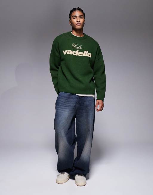 ASOS DESIGN - Pull ras de cou oversize en maille à motif Vadella - Vert, 2 de 5