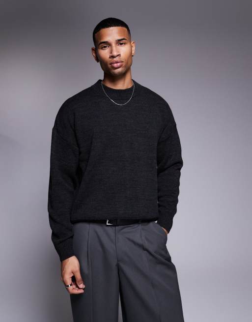 ASOS DESIGN - Pull ras de cou oversize en maille - Anthracite chiné