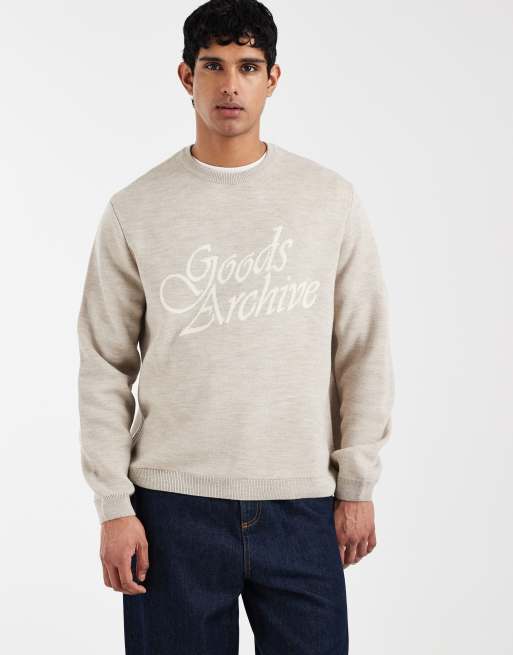 ASOS DESIGN - Pull ras de cou oversize en maille avec motif Good Archive - Taupe, 2 de 5
