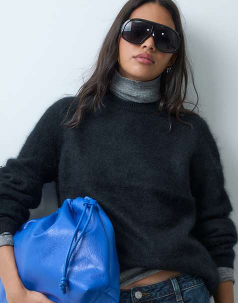 ASOS DESIGN pull relaxed brossé en laine 100 % à col ras de cou noir - view 1