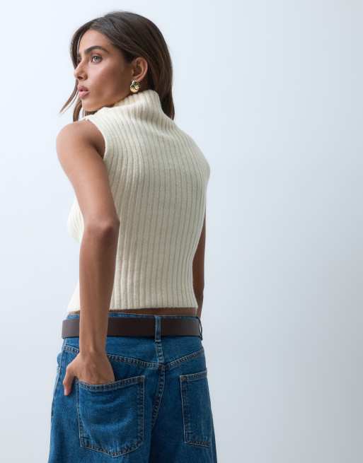 ASOS DESIGN pull sans manches côtelé à col montant souple en écru, 5 de 5