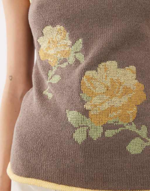 ASOS DESIGN - Pull sans manches en maille avec broderies fleuries au point de croix - Marron, 3 de 4