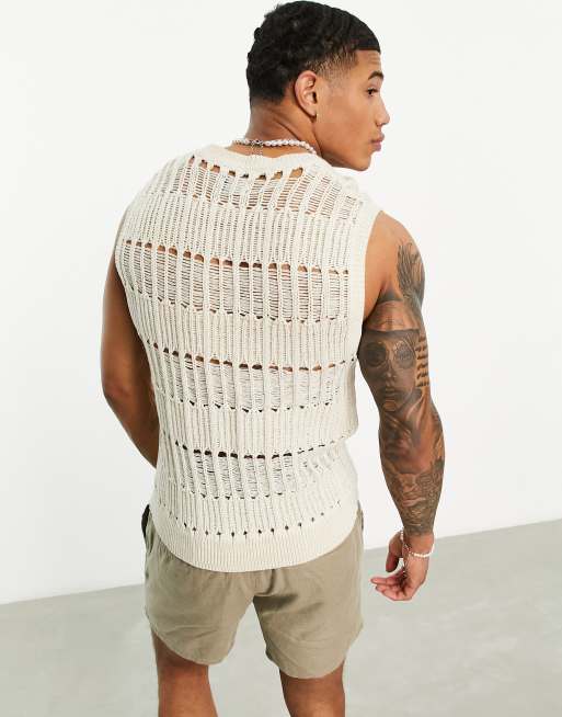 ASOS DESIGN - Pull sans manches en maille échelle ajourée - Taupe, 3 de 4