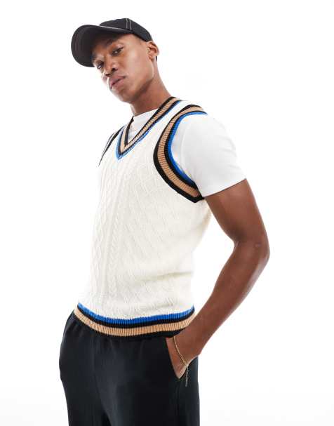 ASOS DESIGN - Pull sans manches en maille torsadée avec col V et liserés - Écru/bleu - view 1