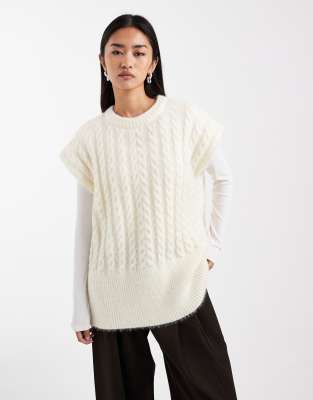 Pull sans manches oversize en maille torsadée - Écru-Blanc XS