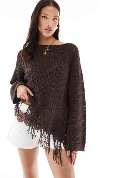 ASOS DESIGN - Pull souple asymétrique en maille crochetée à franges - Chocolat - view 1