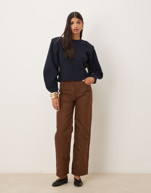 ASOS DESIGN structured compact knit waisted crew neck sweater in navy