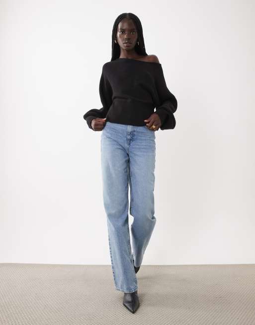 ASOS DESIGN pull structuré en maille côtelée cintré à la taille à col bateau noir, 2 de 4