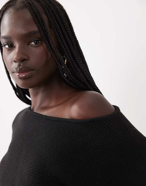ASOS DESIGN pull structuré en maille côtelée cintré à la taille à col bateau noir, 3 de 4