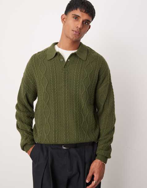ASOS DESIGN - Pull style polo décontracté en maille torsadée - Kaki - view 1