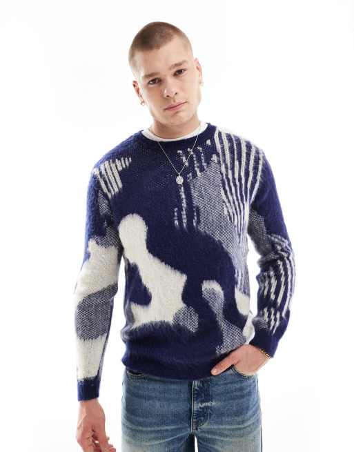 ASOS DESIGN - Pull ultra-duveteux à motif abstrait - Bleu océan