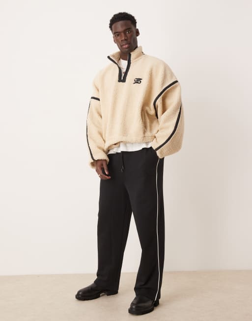 ASOS DESIGN - Pull ultra oversize coupe carrée en polaire imitation peau de mouton avec col zippé et broderies - Écru , 4 de 4