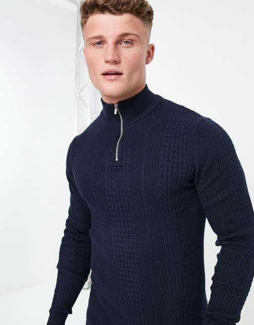 ASOS DESIGN - Pull zippé léger en maille torsadée - Bleu marine