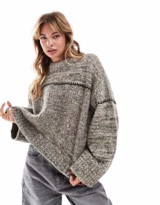 ASOS DESIGN - Pullover aus gezwirntem Garn in Braun mit Languetten-Stich und Rundhalsausschnitt-Brown