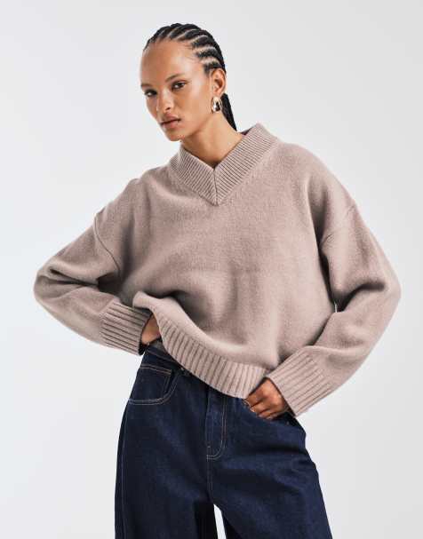 ASOS DESIGN – Pullover aus hochwertiger Lammwolle in Pilzbraun mit hohem V-Ausschnitt - view 1