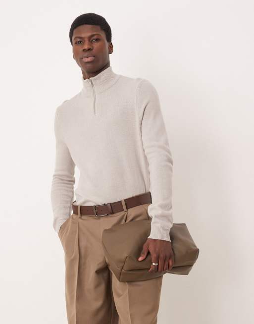 ASOS DESIGN – Pullover aus Lammwolle in Hellgrau mit kurzem Reißverschluss