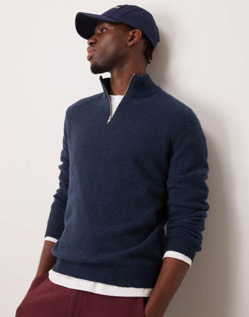 ASOS DESIGN – Pullover aus Lammwolle in Marineblau mit kurzem Reißverschluss
