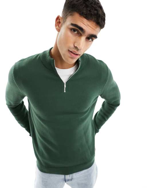 ASOS DESIGN – Pullover aus mittelschwerem Baumwollstrick in Grün mit kurzem 1/4-Reißverschluss