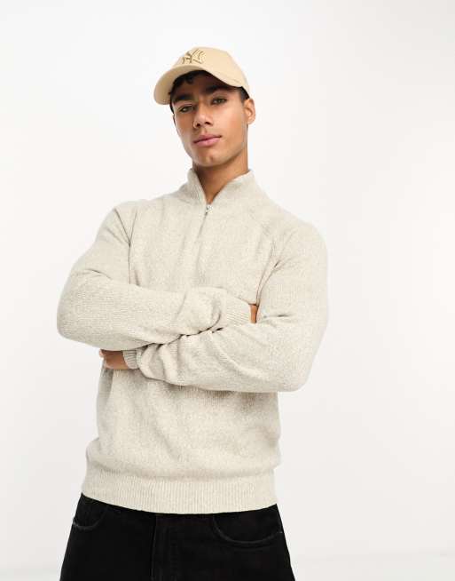 ASOS DESIGN – Pullover aus mittelschwerer Baumwolle in Stein meliert mit kurzem Reißverschluss