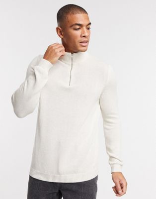 ASOS DESIGN – Pullover aus mittelschwerer Baumwolle in Ecru mit halblangem Reißverschluss-Weiß
