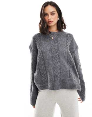 ASOS DESIGN - Pullover in Anthrazit mit Zopfmuster und Rundhalsausschnitt-Blau