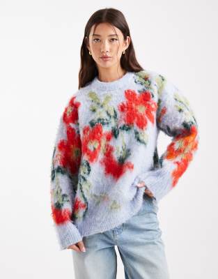 ASOS DESIGN - Pullover in Blau mit verschwommenem Blumenmuster, Oversize-Passform und Rundhalsausschnitt