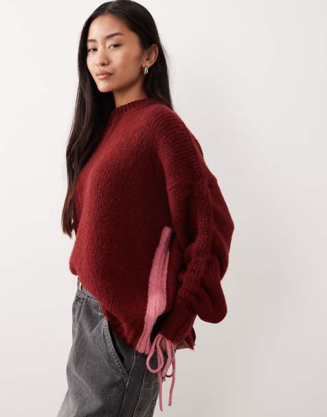 ASOS DESIGN – Pullover in Burgunderrot mit Rundhalsausschnitt und gerafften Ärmeln - view 1