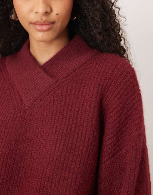 ASOS DESIGN – Pullover in Burgunderrot mit V-Ausschnitt, 3 von 4