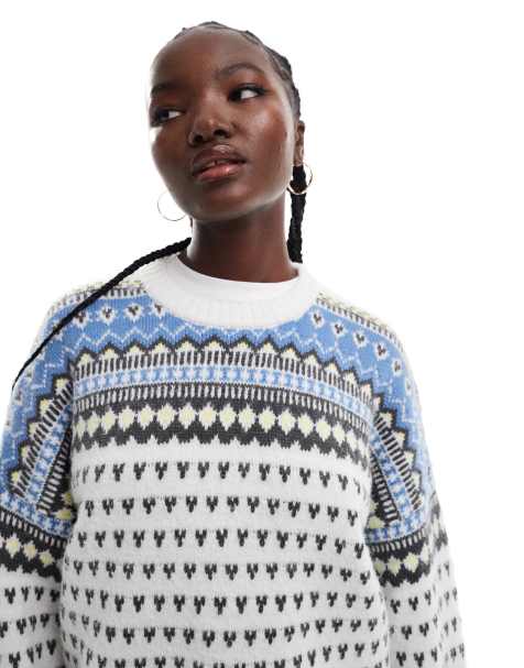 ASOS DESIGN – Pullover in Creme mit Norwegermuster und Rundhalsausschnitt - view 1