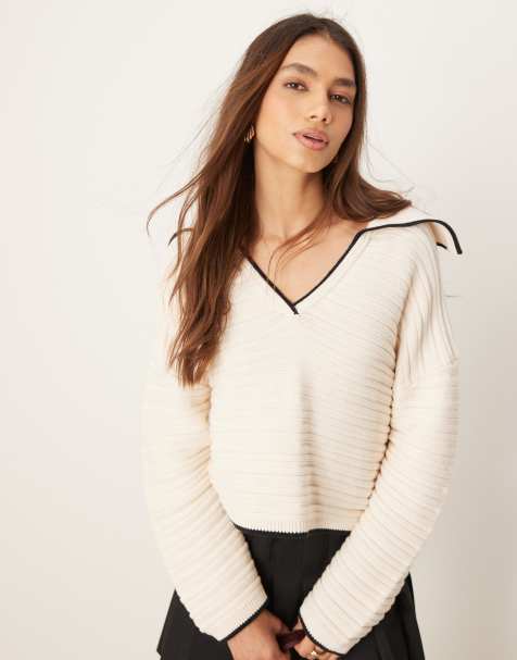 ASOS DESIGN – Pullover in Creme mit Strickkragen und Zierstreifen - view 1