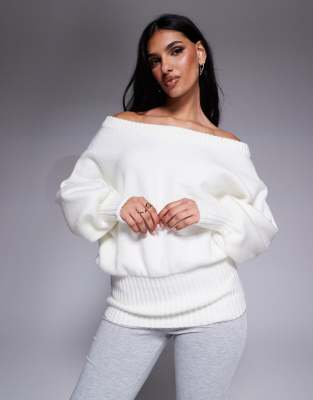 ASOS DESIGN - Pullover in Ecru mit One-Shoulder-Träger und elastischer Taille-Weiß