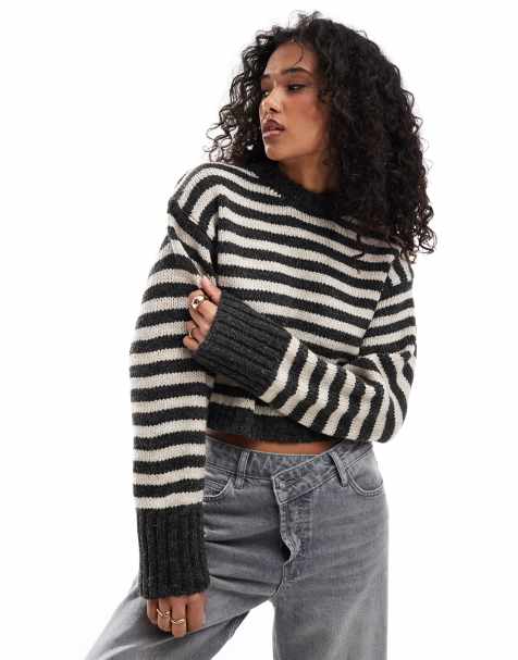 ASOS DESIGN – Pullover in Grau gestreift mit Rundhalsausschnitt und breiten Bündchen - view 1