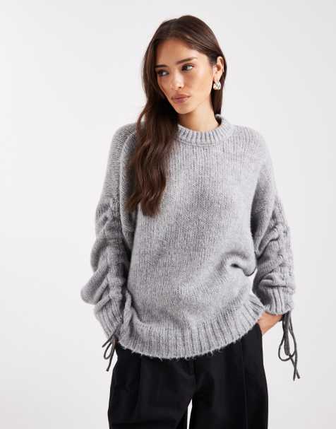 ASOS DESIGN – Pullover in Grau mit gerafften Ärmeln - view 1