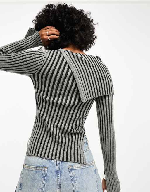 ASOS DESIGN – Pullover in Grau mit geripptem Design und asymmetrischem Ausschnitt, 2 von 4