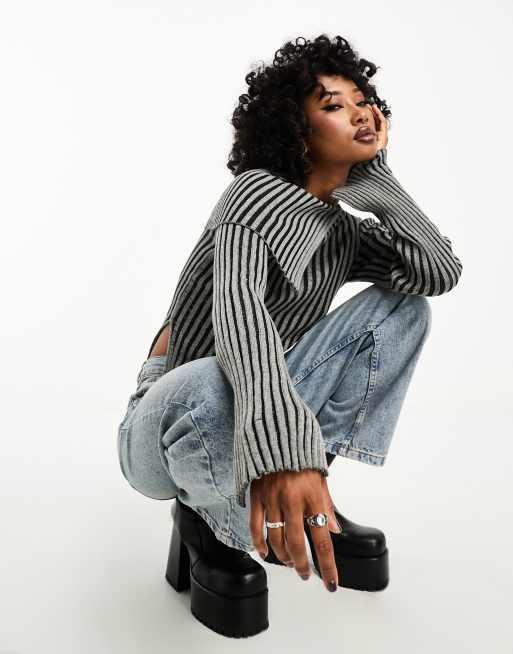 ASOS DESIGN – Pullover in Grau mit geripptem Design und asymmetrischem Ausschnitt, 3 von 4