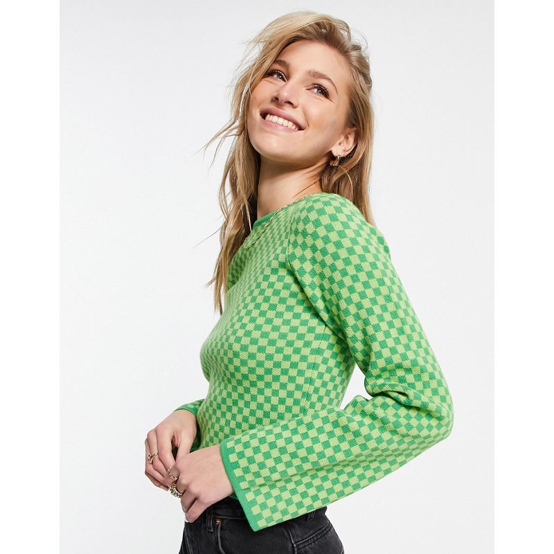 DESIGN – Pullover in Grün mit Rundhalsausschnitt und Mini-Karomuster 