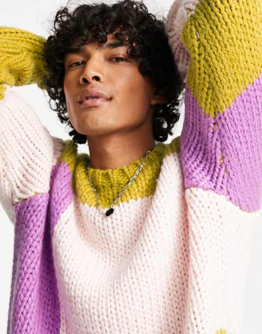 ASOS DESIGN – Pullover in handgestrickter Optik mit Blockfarbendesign