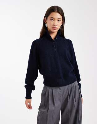 ASOS DESIGN - Pullover in Marineblau mit Stehkragen und kurzer Knopfleiste-Schwarz